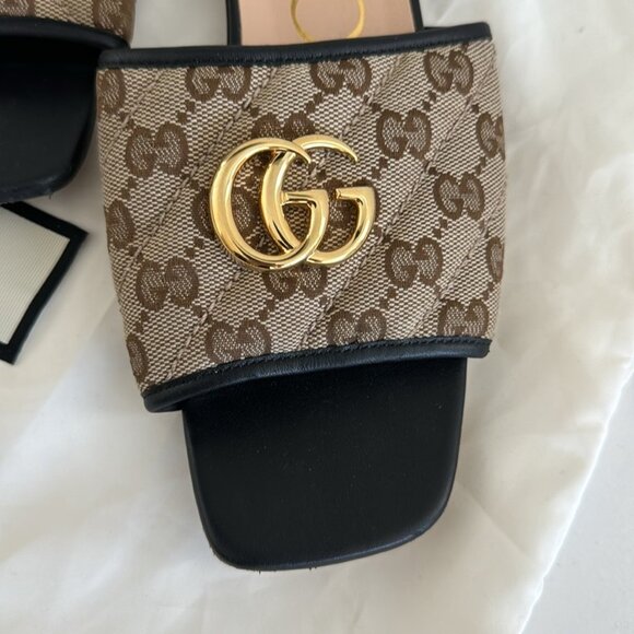 Gucci GG Jolie Leather-Trimmed Embellished Logo-Detailed Canvas Slides Size: 37 - Picture 2 of 11
